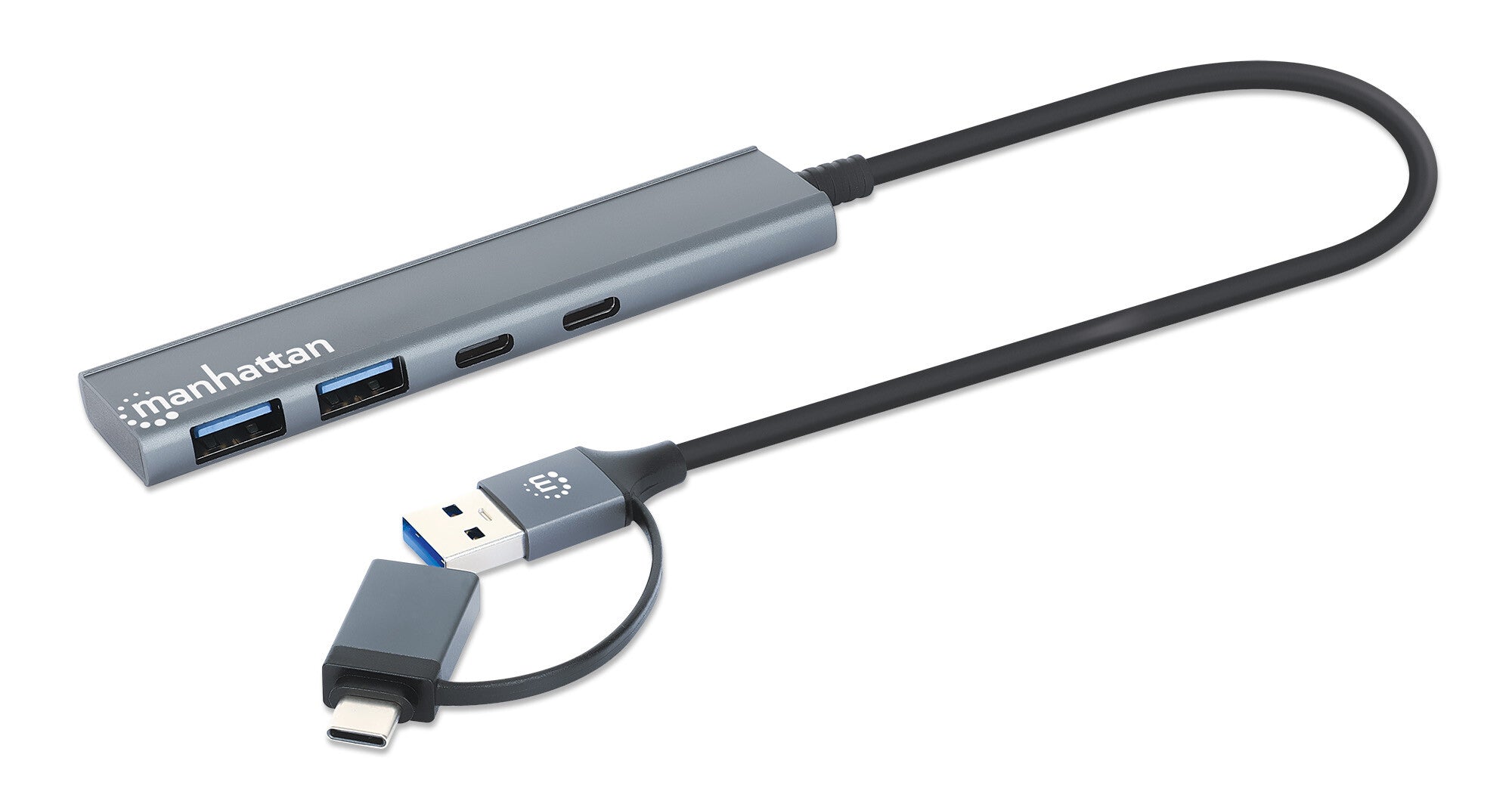 Manhattan Conector adaptable de USB-A macho a USB-C macho, dos puertos USB-C hembra y dos puertos USB-A hembra, USB SuperSpeed a 5 Gbps (USB 3.2 Gen 1), alimentación por bus, aluminio, gris espacial
