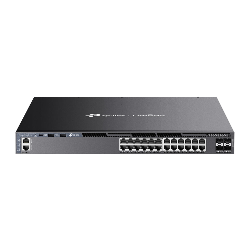 Switch Omada L3 SDN Administrable / 24 puertos PoE af/at Gigabit y 4 puertos SFP+ / Presupuesto PoE 720W / Funciones RIP, VRRP, Servidor DHCP / Administración centralizada OMADA / Fuente Redundante