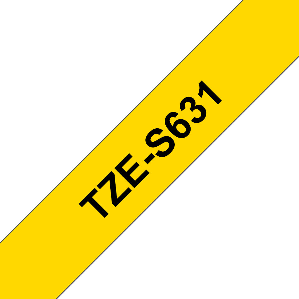 Cinta Brother TZES631 Laminada Súper Adhesiva Texto Negro Fondo Amarillo 12mmx8m