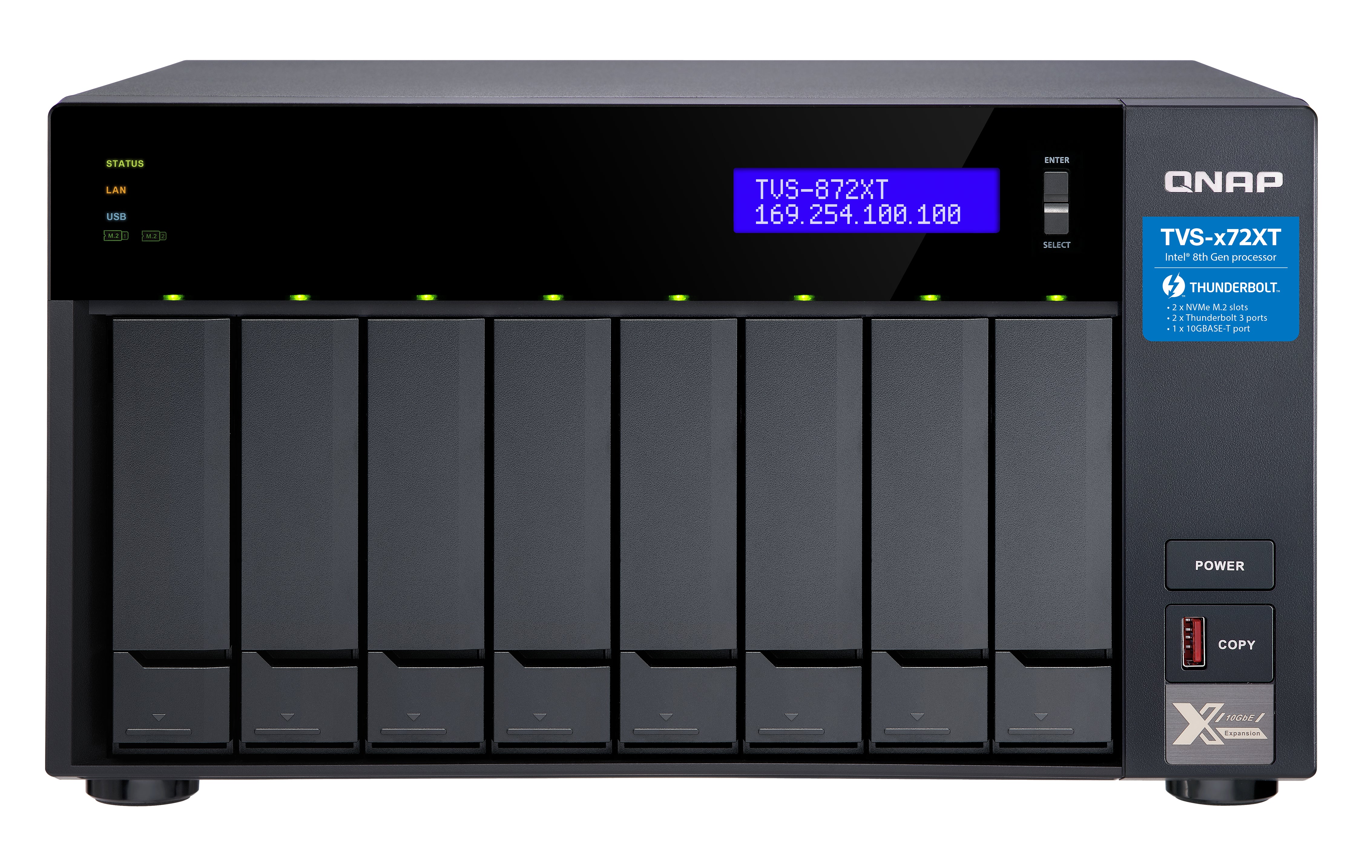 NAS QNAP TVS-872XT-I5-16G/8 BAHIAS INTEL CORE I5, 16 GB RAM DDR4, HASTA 64 GB/ 2 PTO LAN GBE/ 1 PTO 10 GBE/USB 3.2X2/ HOTSWAP/SATA/HASTA 160 TB/ NO INCLUYE DISCOS/ HDMI 2.0/M.2 2280/2 PTO THUNDERBOLT