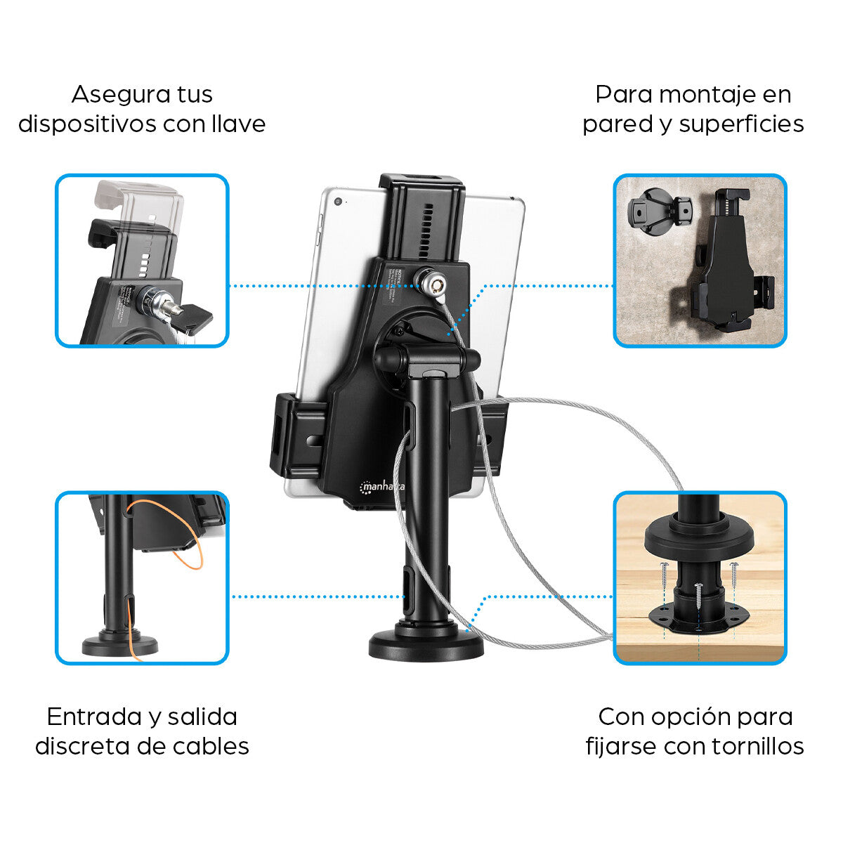 Manhattan Soporte para Tablet o iPad 2 en 1, soporte de escritorio con cerradura y soporte de montaje en pared