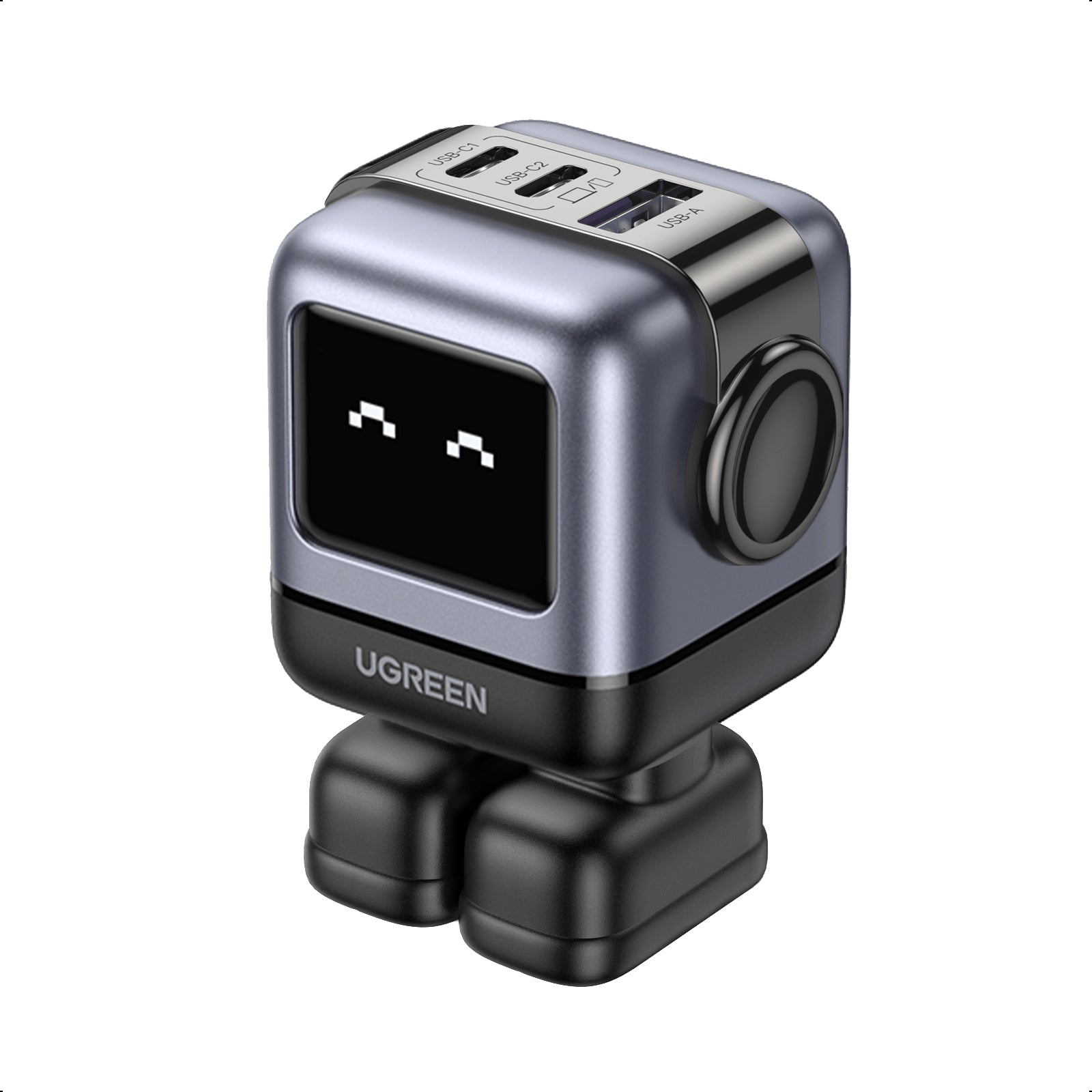 Cargador RobotGaN de 65W Serie UNO | 3 Puertos de Carga Rápida | 2 USB-C | 1 USB-A | PD 3.0 | QC 4.0 | Carga Inteligente | Tecnología GaN II | Zapato Magnético Extraíble | Carcasa Ignífuga | Pantalla LED