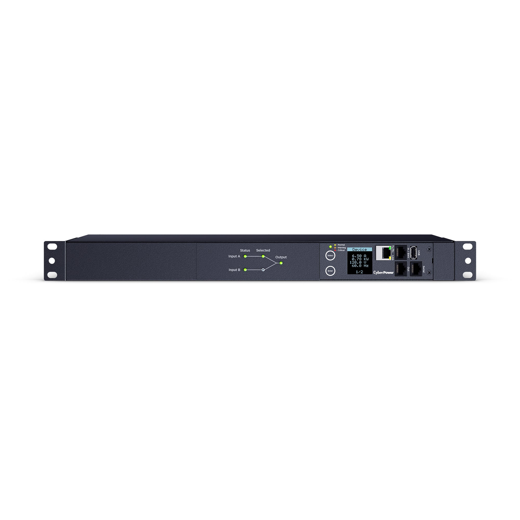 PDU ATS (Fuente Redundante Auto-transferible) Monitoreable, Para Distribución de Energía, 2 Entradas 120 Vca NEMA5-15P, Con 10 Salidas NEMA 5-15R, Horizontal 19in, 1UR