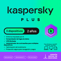 Licencia Antivirus ESD Kaspersky Plus 2 Años 3 Dispositivos 2 Cuentas KPM