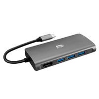 DOCKING STATION ADESSO AUH-4030 8 EN 1, USB-C. 1X PUERTO TIPO C; 2X USB 3.0 A PD; 1X HDMI; 2X LECTOR DE TARJETAS (1X TF, 1X SD); 1X RJ45