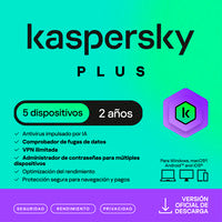 Licencia Antivirus ESD Kaspersky Plus 2 Años 5 Dispositivos 3 Cuentas KPM