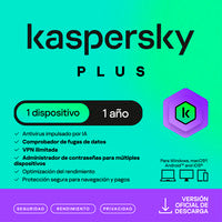 Licencia Antivirus ESD Kaspersky Plus 1 Año 1 Dispositivo 1 Cuenta KPM