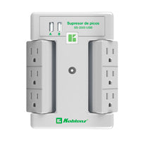 SUPRESOR DE PICOS KOBLENZ SS-2000-USB, 2000 JOULES, 6 CONTACTOS GIRATORIOS, 2 PUERTOS USB, DISEÑO TV DE PARED. 3 AÑOS DE GARANTÍA. SKU 00-5348-00-8