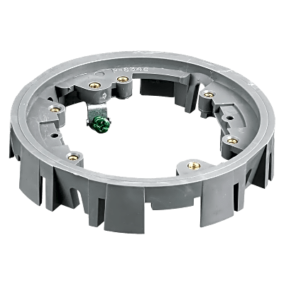 Adaptador para Cajas de Piso de Concreto / Serie PFB Redonda / Material PVC Termoplástico / Montaje con Tornillos / 4 Ganchos Incluidos / Clips Deslizantes / Acepta Tapas Plásticas y Metálicas / Color Gris