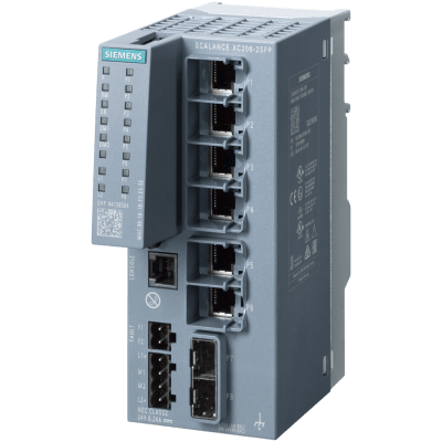 Switch Industrial SCALANCE XC206-2SFP / 6x RJ45 10/100 + 2x SFP 100/1000 / Layer 2 Gestionable / IEC 62443-4-2 Certificado / Redundancia MRP-HRP-RSTP / PROFINET IO Device / -40°C a +70°C