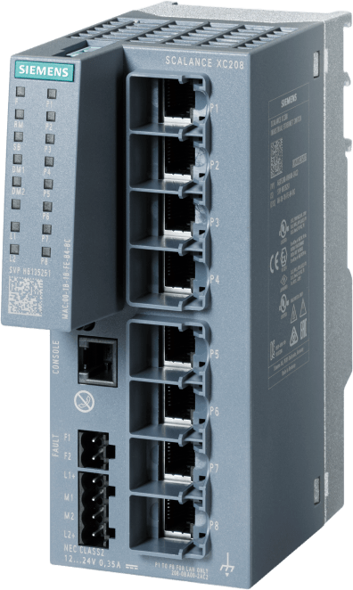 Switch Industrial SCALANCE XC208 / 8 Puertos 10/100 Mbit/s RJ45 / Redundancia PROFINET / Layer 2 Gestionable / IEC 62443-4-2 / -40°C a +70°C / DIN Rail