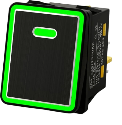 Interruptor tipo Switch con Led Color Verde / IP65 / Diseño Industrial con panel de Aluminio / NO, COM, NC / Terminales tipo F1
