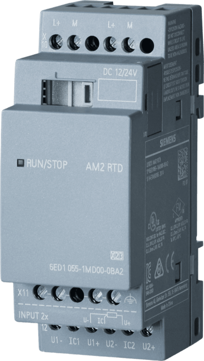 Módulo de Expansión LOGO! AM2 RTD / 2 Entradas Analógicas Pt100/1000 / Alimentación 12-24V DC / IP20 / -20°C a +55°C / Aprobaciones Internacionales