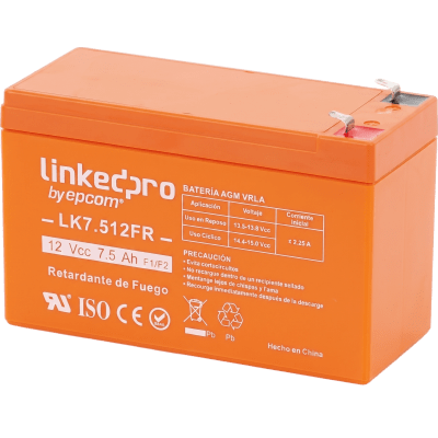 Batería de respaldo 12 V | 7.5 Ah |  AGM | Certificada UL94-V0 Retardante a la Flama  | Especial para Seguridad Electrónica | Vida útil 5 años | Terminales F1  + Adaptador F2