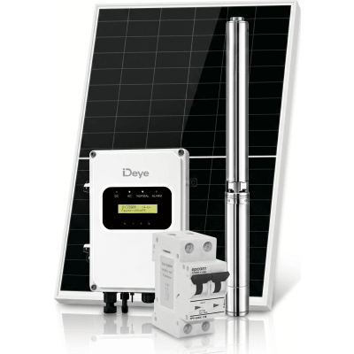 Kit de Bombeo Solar 1500W (1 HP) / Bomba Sumergible con Controlador Integrado 60-220V CD / 4 Módulos Solares 540W / Interruptor Termomagnético 2P 20A 800V CC / Protector de Descargas Atmosféricas / Gabinete IP66